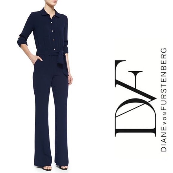Diane Von Furstenberg Navy Blue Crepe Belted Lori Jumpsuit 6